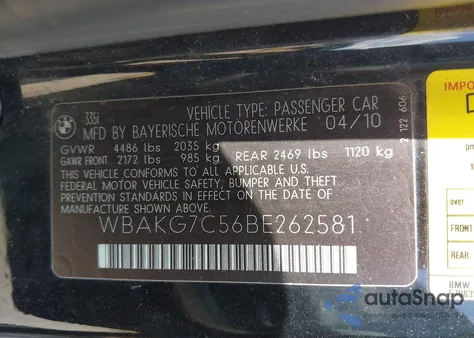 2011 BMW 335I z USA, uszkodzony, nr VIN WBAKG7C56BE262581